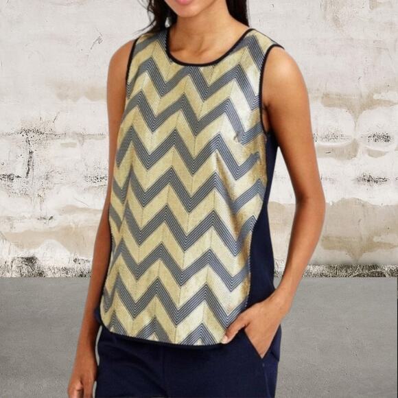 J.Crew Metallic Gold & Blue Sleeveless Blouse with Chevron Print Design-Size 6 - Picture 1 of 6